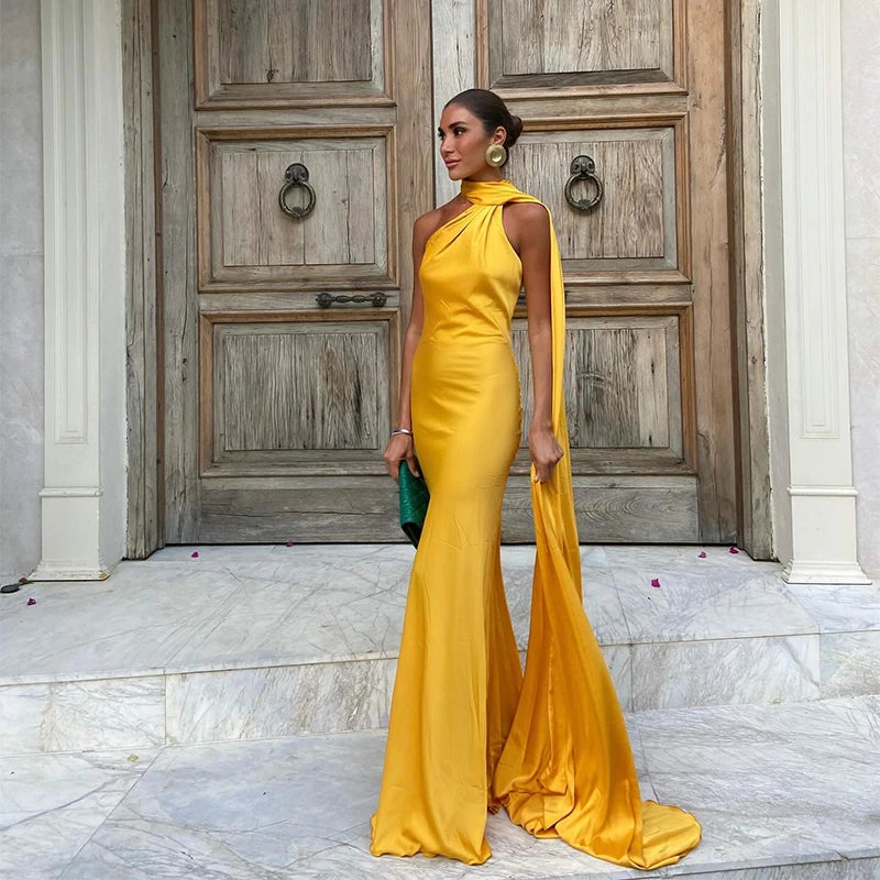 Sexy Satin Ribbon Party Dress Women Elegant Halter Backless Off Shoulder Sleeveless Female Dresses Summer Solid Robe Gown