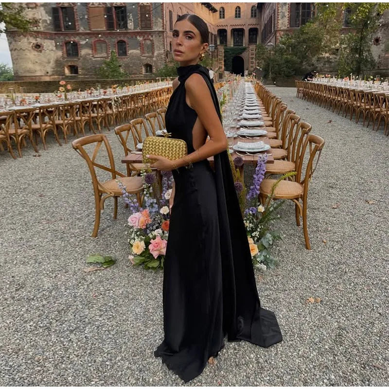 Sexy Satin Ribbon Party Dress Women Elegant Halter Backless Off Shoulder Sleeveless Female Dresses Summer Solid Robe Gown