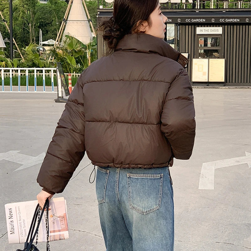 Winter Women Clothes Cropped Jackets Parkas Warm Stand Collar Cold Coat Zipper Puffer Jacket Fashion Cotton-padded Jacket