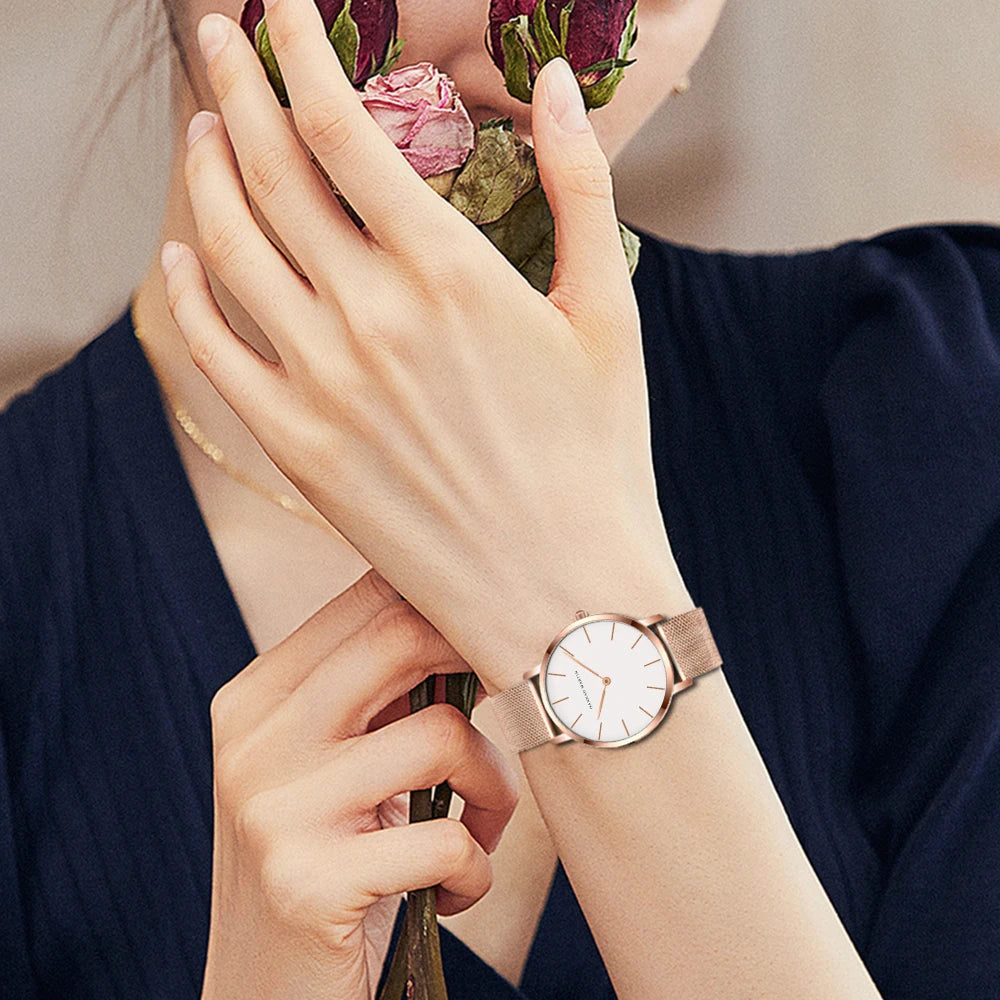 New Women Bracelet Watch 1 Set Japan Quartz Movement Simple Rose Gold Stainless Steel Mesh Student Watches Relogio Feminino