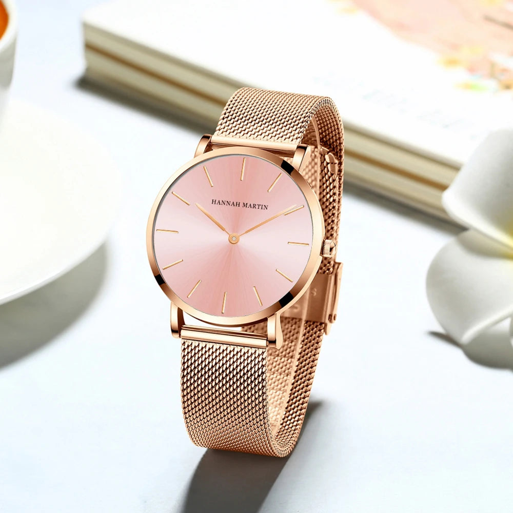 New Women Bracelet Watch 1 Set Japan Quartz Movement Simple Rose Gold Stainless Steel Mesh Student Watches Relogio Feminino