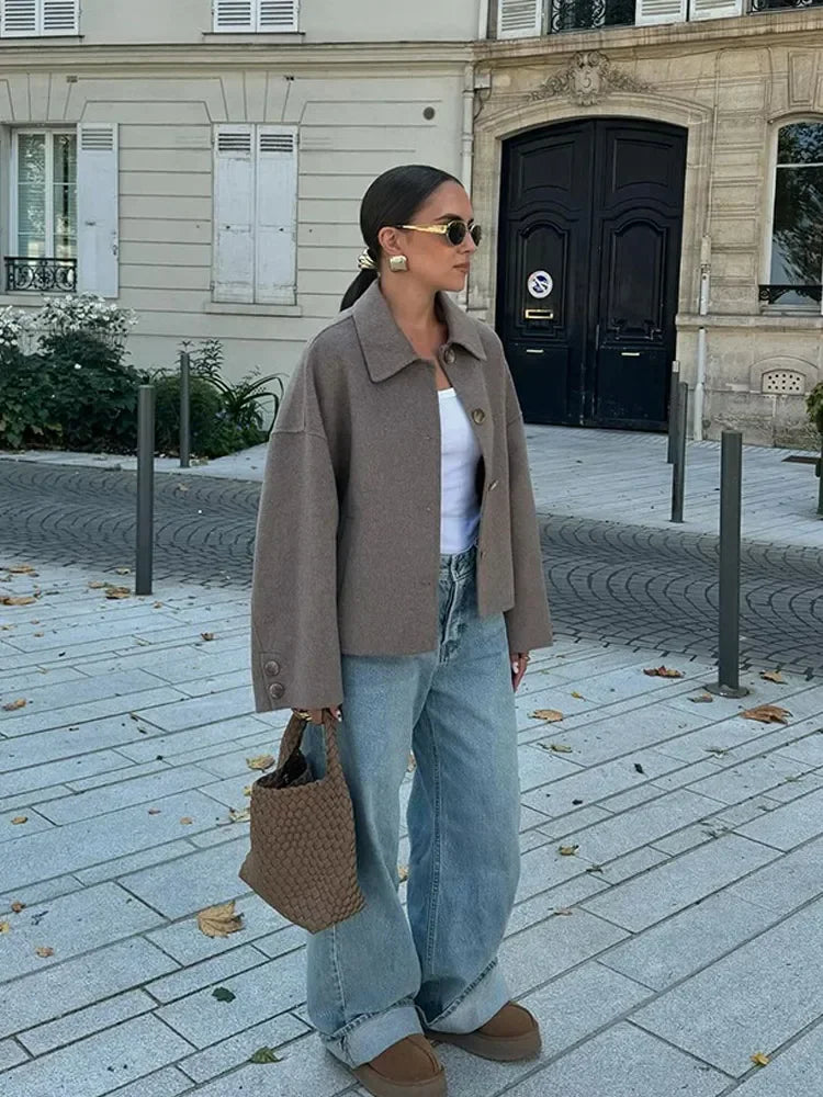 Casual Solid Single Breasted Wool Jacket Women Chic Lapel Long Sleeve Pleated Pocket Loose Coats Autumn High Street Overcoat New