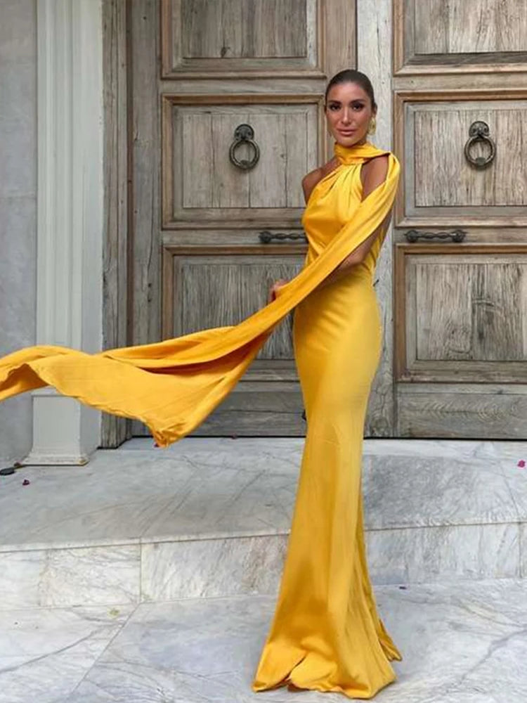 Sexy Satin Ribbon Party Dress Women Elegant Halter Backless Off Shoulder Sleeveless Female Dresses Summer Solid Robe Gown