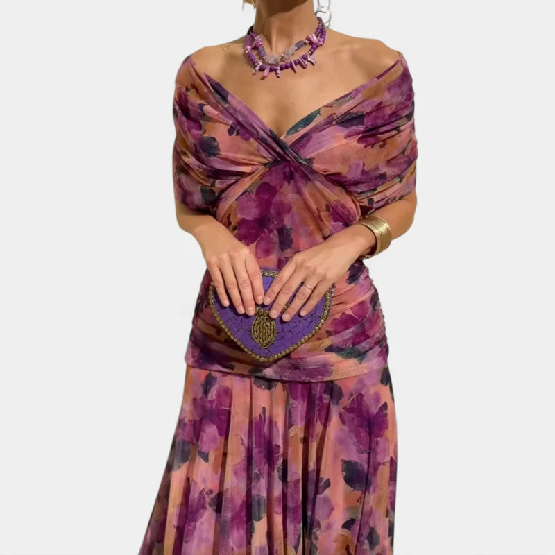 Floral Print High Waist Pleat Party Dress Elegant Women Bat Sleeve Swing Party Dress Female Chest Low Cocktail A-Line Dress