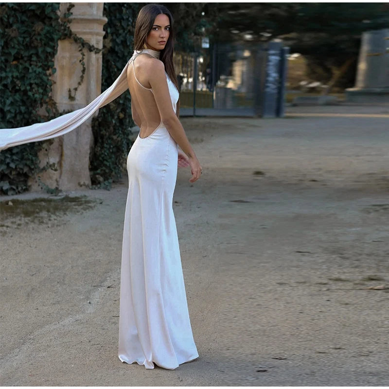 Sexy Satin Ribbon Party Dress Women Elegant Halter Backless Off Shoulder Sleeveless Female Dresses Summer Solid Robe Gown