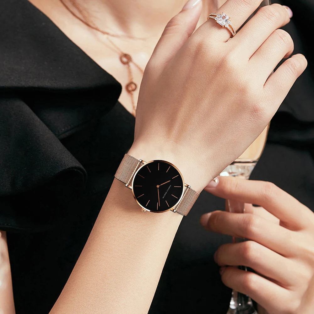 New Women Bracelet Watch 1 Set Japan Quartz Movement Simple Rose Gold Stainless Steel Mesh Student Watches Relogio Feminino