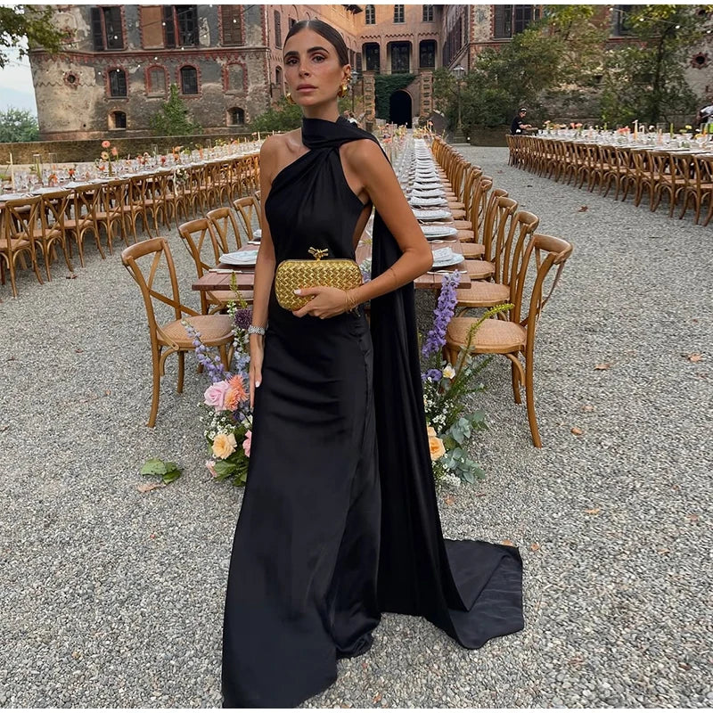 Sexy Satin Ribbon Party Dress Women Elegant Halter Backless Off Shoulder Sleeveless Female Dresses Summer Solid Robe Gown