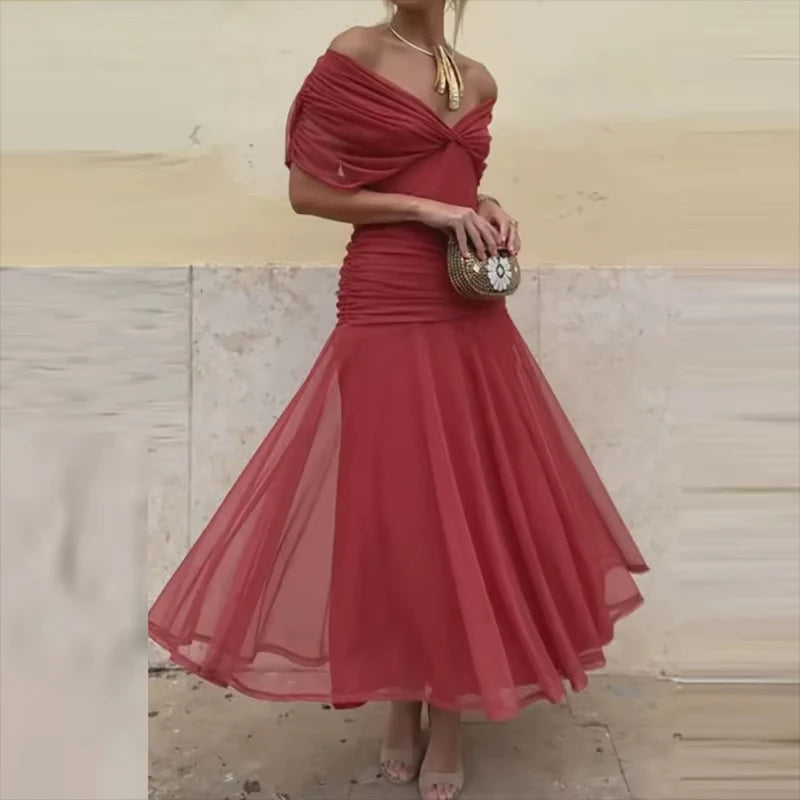 Floral Print High Waist Pleat Party Dress Elegant Women Bat Sleeve Swing Party Dress Female Chest Low Cocktail A-Line Dress