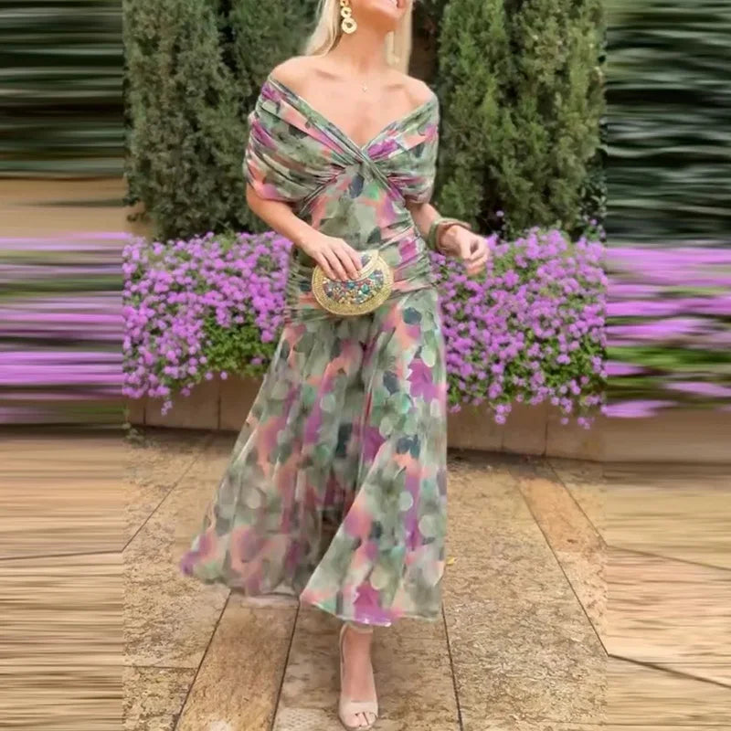 Floral Print High Waist Pleat Party Dress Elegant Women Bat Sleeve Swing Party Dress Female Chest Low Cocktail A-Line Dress