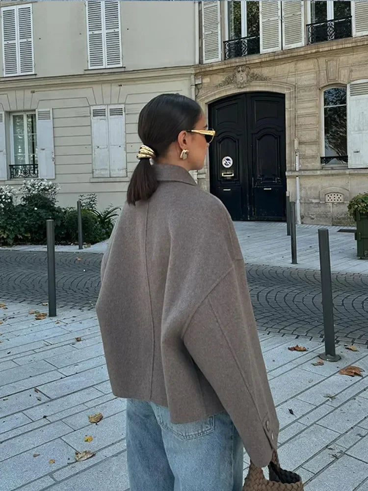 Casual Solid Single Breasted Wool Jacket Women Chic Lapel Long Sleeve Pleated Pocket Loose Coats Autumn High Street Overcoat New
