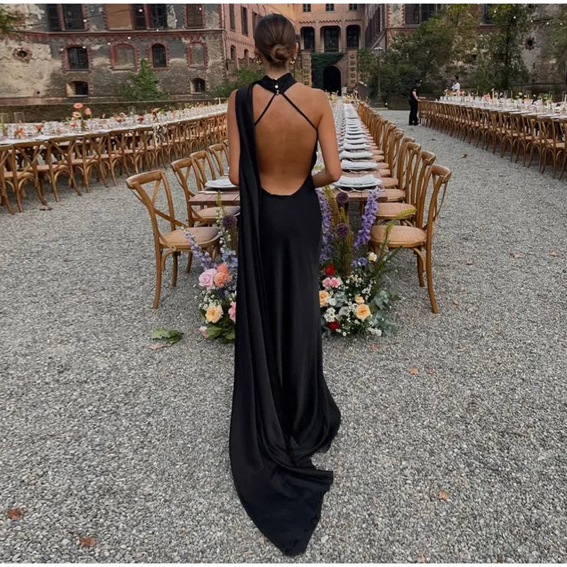Sexy Satin Ribbon Party Dress Women Elegant Halter Backless Off Shoulder Sleeveless Female Dresses Summer Solid Robe Gown