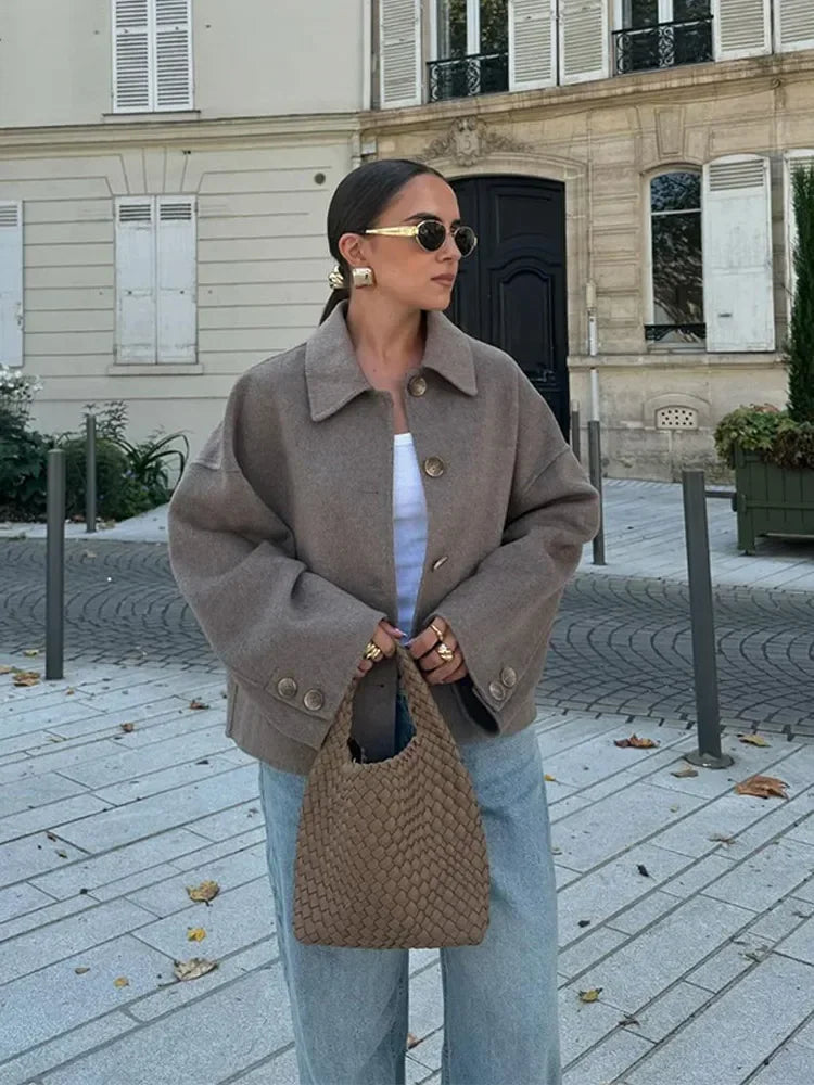 Casual Solid Single Breasted Wool Jacket Women Chic Lapel Long Sleeve Pleated Pocket Loose Coats Autumn High Street Overcoat New