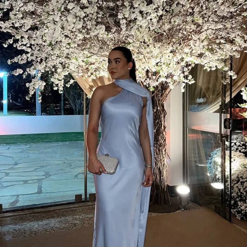 Sexy Satin Ribbon Party Dress Women Elegant Halter Backless Off Shoulder Sleeveless Female Dresses Summer Solid Robe Gown