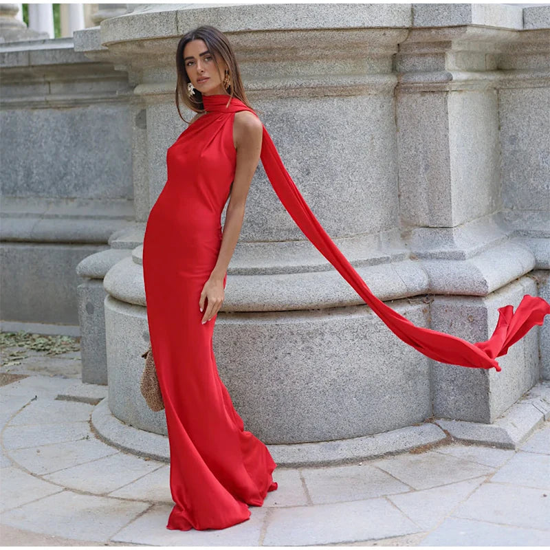 Sexy Satin Ribbon Party Dress Women Elegant Halter Backless Off Shoulder Sleeveless Female Dresses Summer Solid Robe Gown
