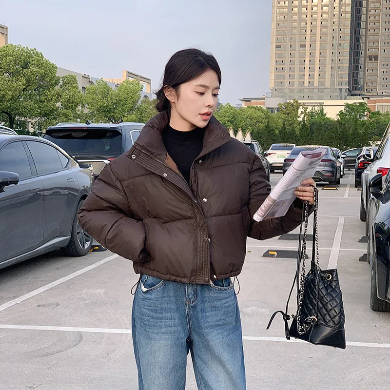 Winter Women Clothes Cropped Jackets Parkas Warm Stand Collar Cold Coat Zipper Puffer Jacket Fashion Cotton-padded Jacket