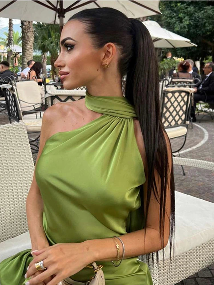 Sexy Satin Ribbon Party Dress Women Elegant Halter Backless Off Shoulder Sleeveless Female Dresses Summer Solid Robe Gown