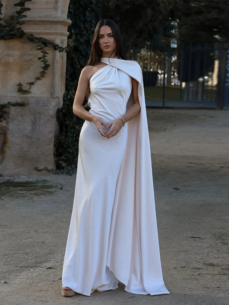 Sexy Satin Ribbon Party Dress Women Elegant Halter Backless Off Shoulder Sleeveless Female Dresses Summer Solid Robe Gown