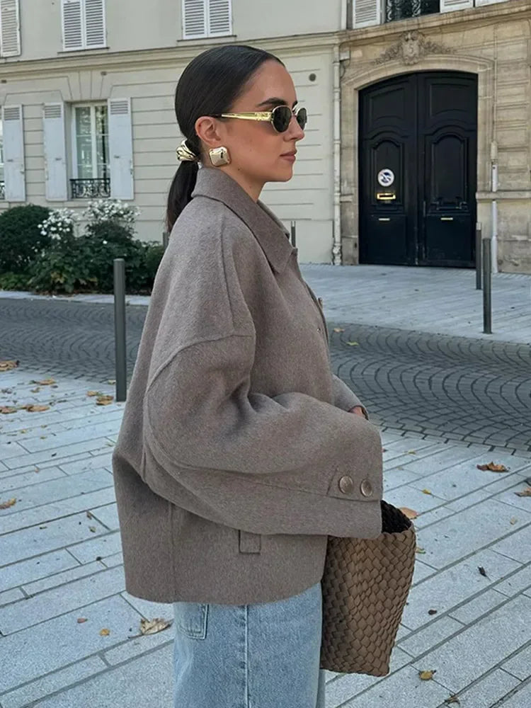 Casual Solid Single Breasted Wool Jacket Women Chic Lapel Long Sleeve Pleated Pocket Loose Coats Autumn High Street Overcoat New