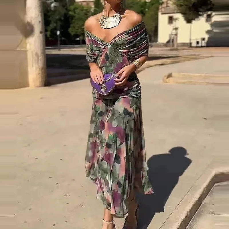 Floral Print High Waist Pleat Party Dress Elegant Women Bat Sleeve Swing Party Dress Female Chest Low Cocktail A-Line Dress