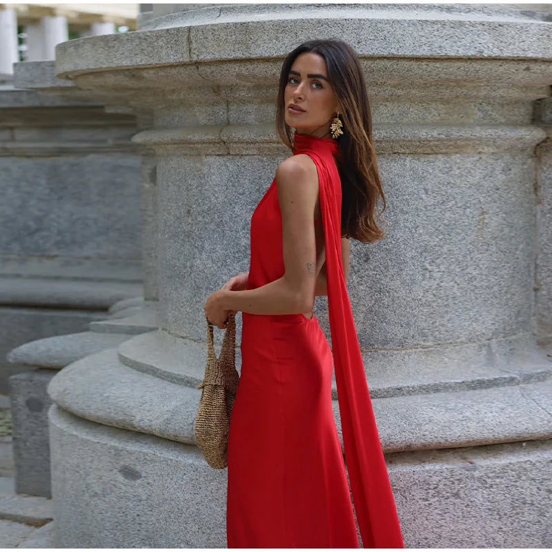 Sexy Satin Ribbon Party Dress Women Elegant Halter Backless Off Shoulder Sleeveless Female Dresses Summer Solid Robe Gown