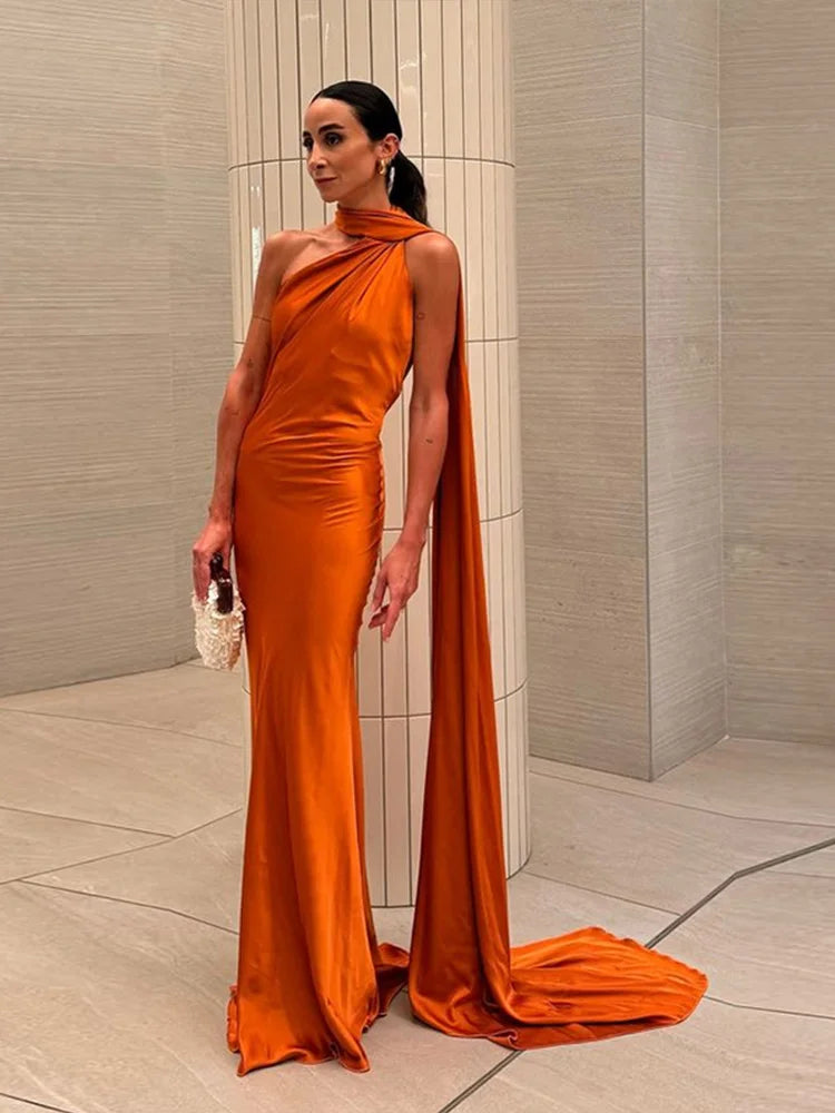Sexy Satin Ribbon Party Dress Women Elegant Halter Backless Off Shoulder Sleeveless Female Dresses Summer Solid Robe Gown