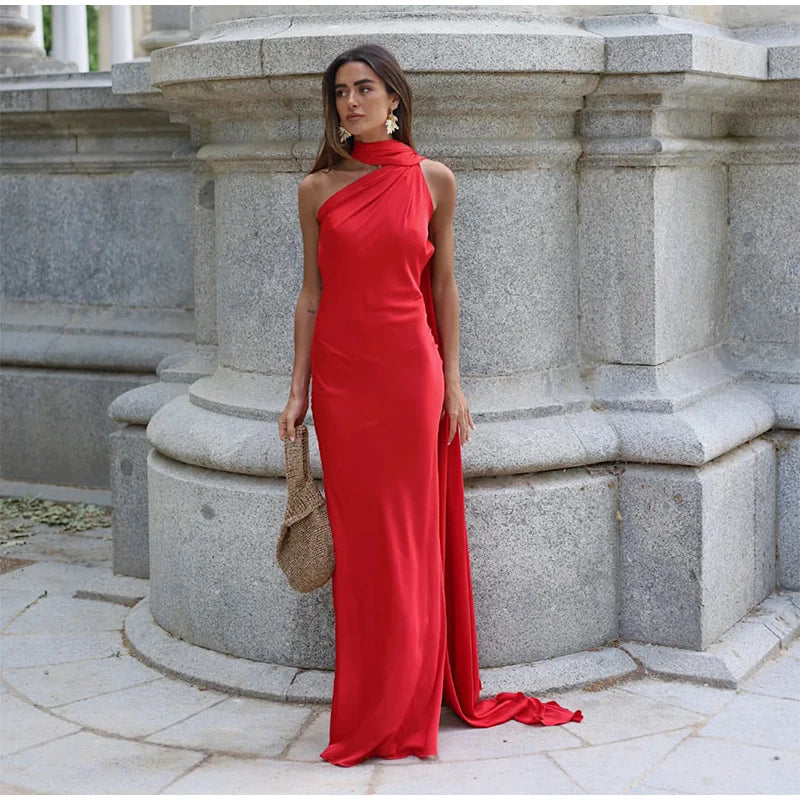 Sexy Satin Ribbon Party Dress Women Elegant Halter Backless Off Shoulder Sleeveless Female Dresses Summer Solid Robe Gown