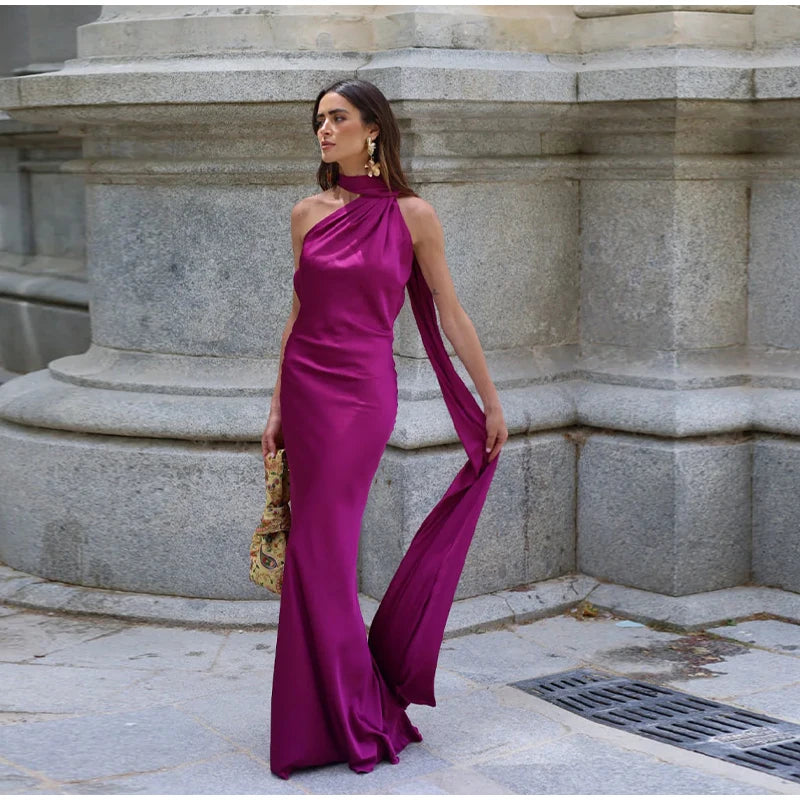 Sexy Satin Ribbon Party Dress Women Elegant Halter Backless Off Shoulder Sleeveless Female Dresses Summer Solid Robe Gown