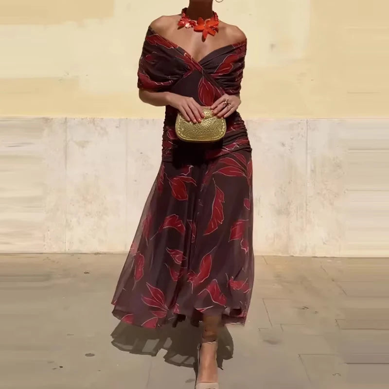 Floral Print High Waist Pleat Party Dress Elegant Women Bat Sleeve Swing Party Dress Female Chest Low Cocktail A-Line Dress
