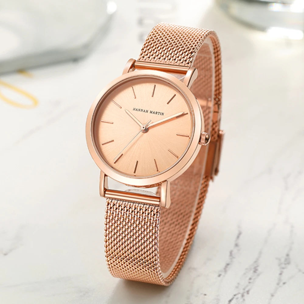 New Women Bracelet Watch 1 Set Japan Quartz Movement Simple Rose Gold Stainless Steel Mesh Student Watches Relogio Feminino