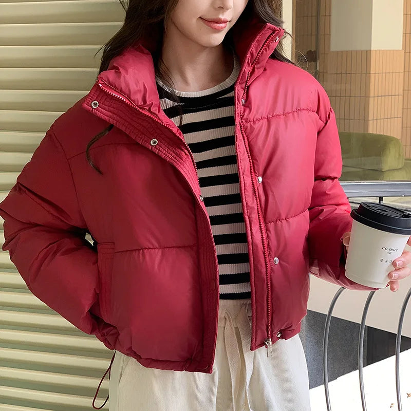 Winter Women Clothes Cropped Jackets Parkas Warm Stand Collar Cold Coat Zipper Puffer Jacket Fashion Cotton-padded Jacket