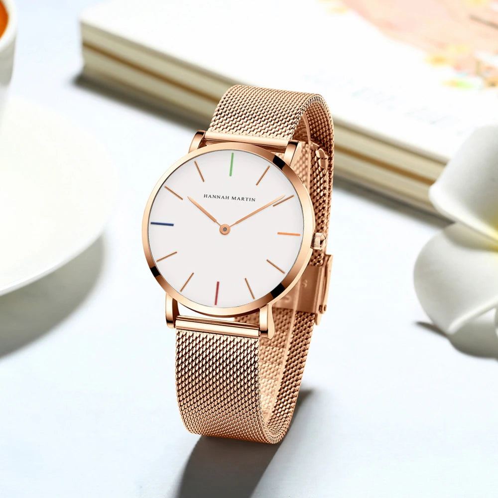 New Women Bracelet Watch 1 Set Japan Quartz Movement Simple Rose Gold Stainless Steel Mesh Student Watches Relogio Feminino